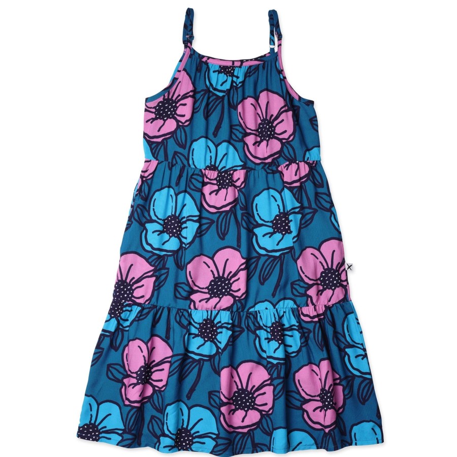 Child [2-14] Minti Dresses | Minti Big Flowers Midi Woven Dress - Teal