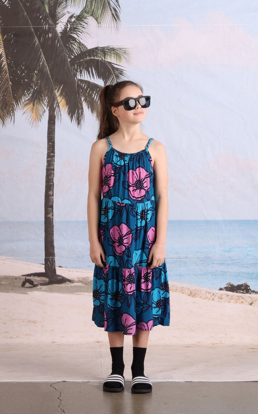 Child [2-14] Minti Dresses | Minti Big Flowers Midi Woven Dress - Teal