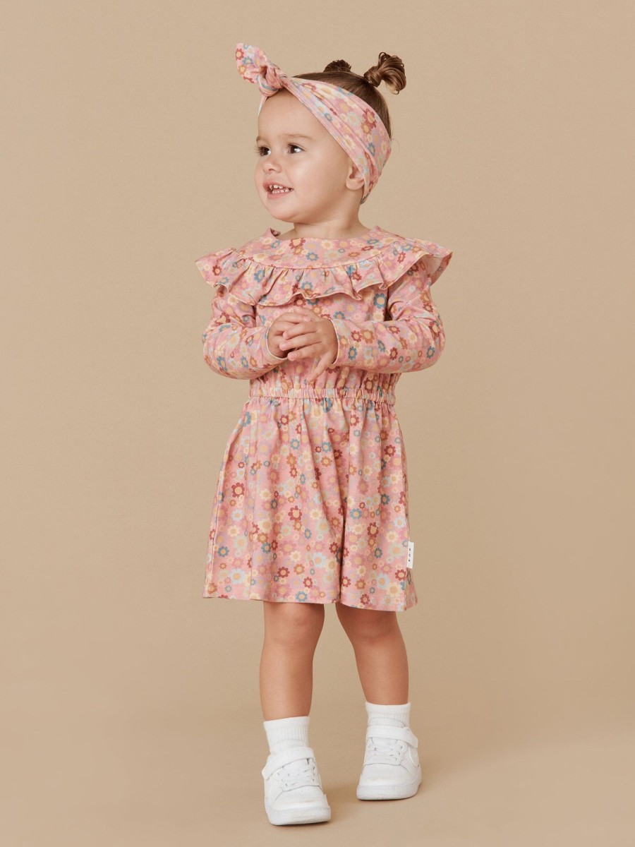 Child [2-14] Huxbaby Dresses | Huxbaby Rainbow Flower Bear Frill Dress - Dusty Rose