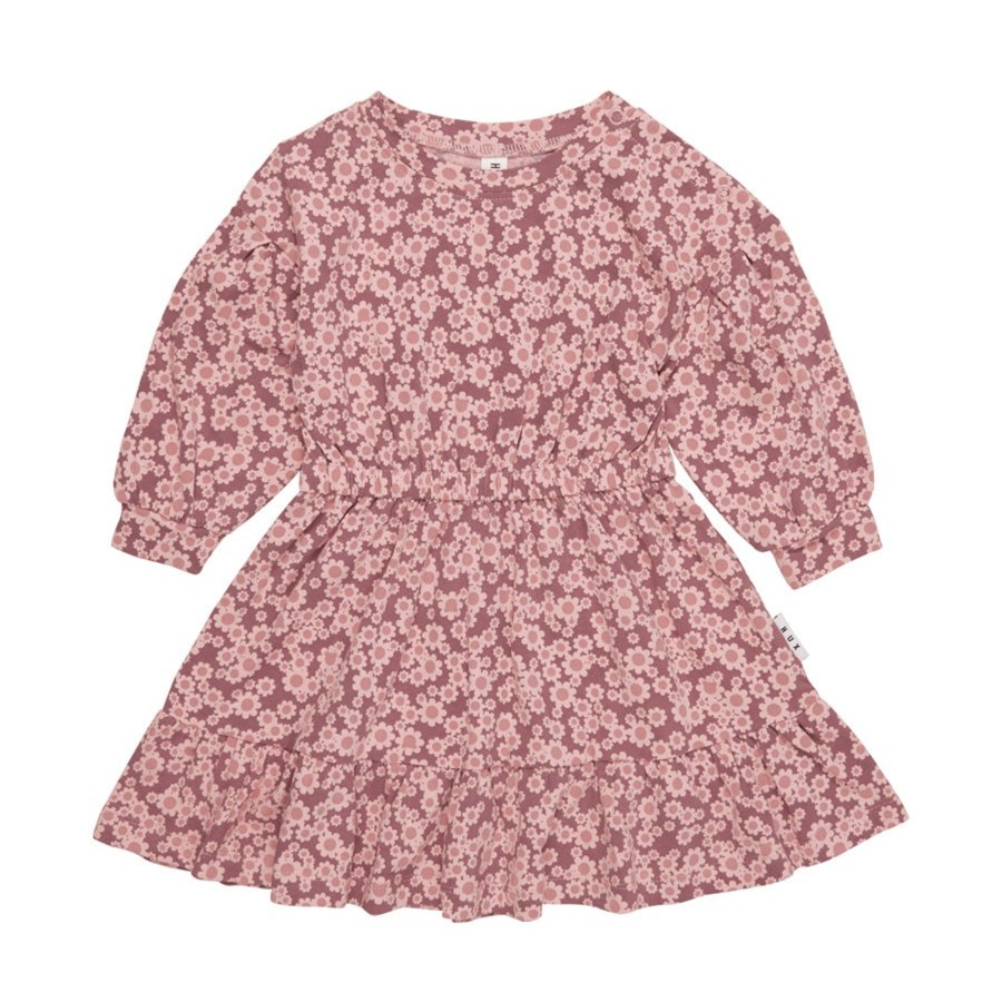 Child [2-14] Huxbaby Dresses | Huxbaby Flower Bear Drop Shoulder Tuck Dress - Dusty Plum