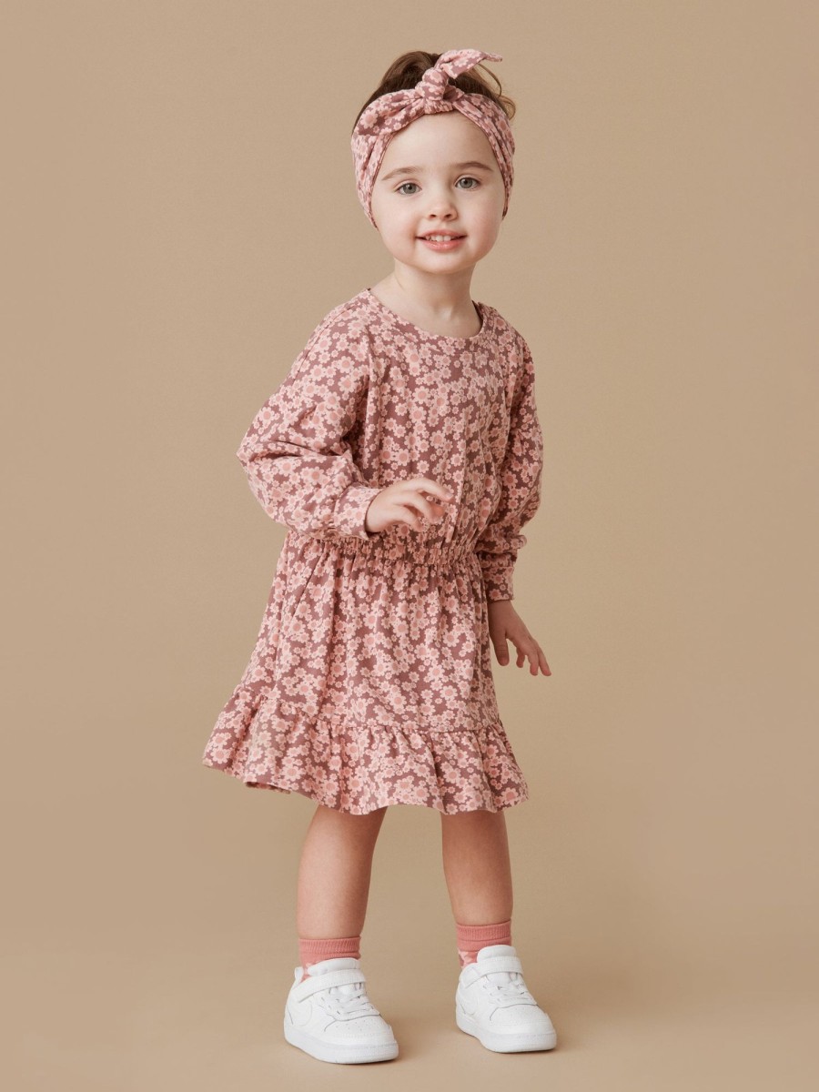 Child [2-14] Huxbaby Dresses | Huxbaby Flower Bear Drop Shoulder Tuck Dress - Dusty Plum