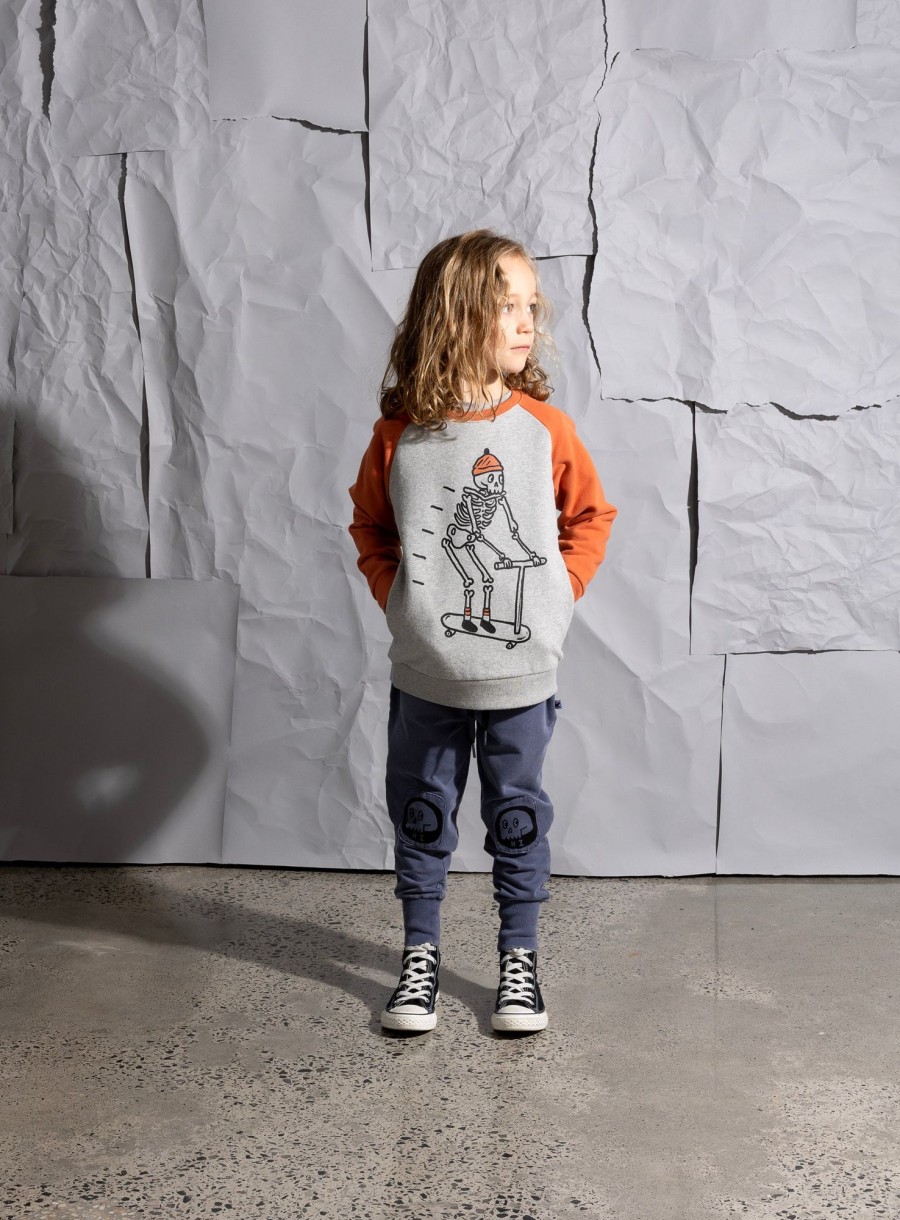 Baby [0-23M] Minti Jumpers | Minti Skeleton Scooter Furry Crew - Grey Marle/Burnt Orange