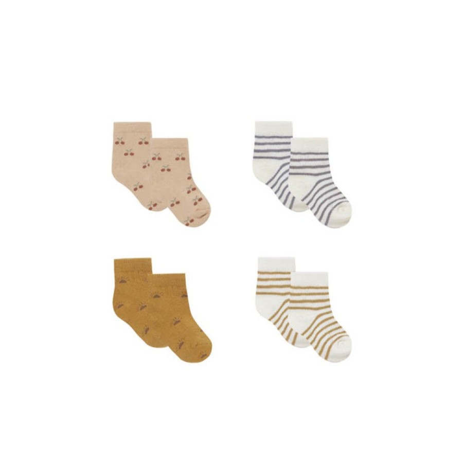 Child [2-14] Quincy Mae Socks + Tights | Quincy Mae Printed Baby Socks Set - Cherries/Ocre Stripe/Suns/Indigo Stripe