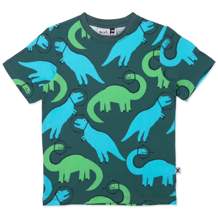 Child [2-14] Minti Tops | Minti Space Dinos Tee - Dark Green