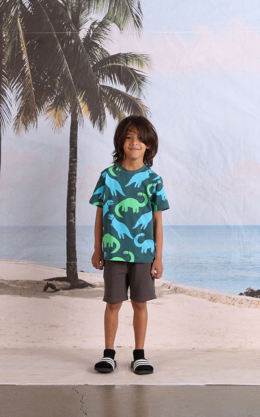 Child [2-14] Minti Tops | Minti Space Dinos Tee - Dark Green