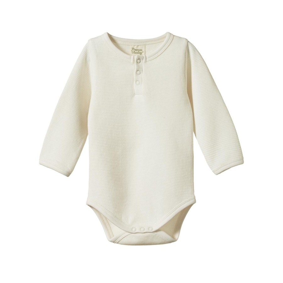 Baby [0-23M] Nature Baby Knitwear | Nature Baby Long Sleeve Henley Waffle Bodysuit - Natural