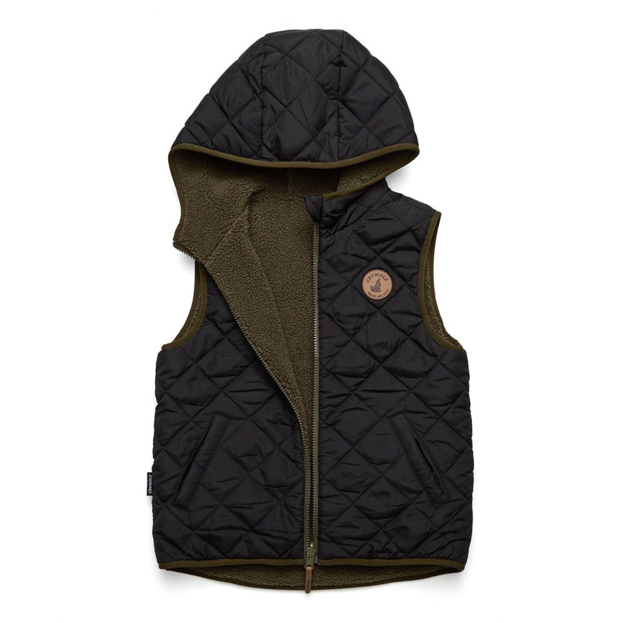 Baby [0-23M] Crywolf Outerwear | Crywolf Reversible Hooded Yeti Vest - Black/Khaki