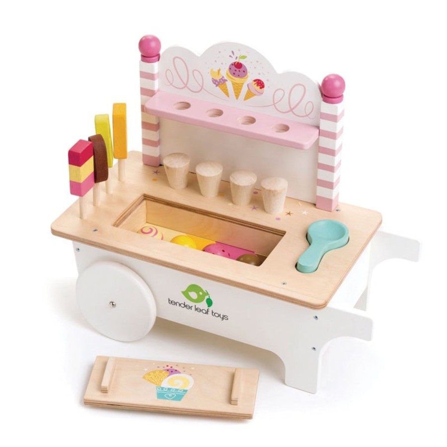 Play + Learn Tenderleaf Wooden Toys | Push Along Ice Cream Cart Set