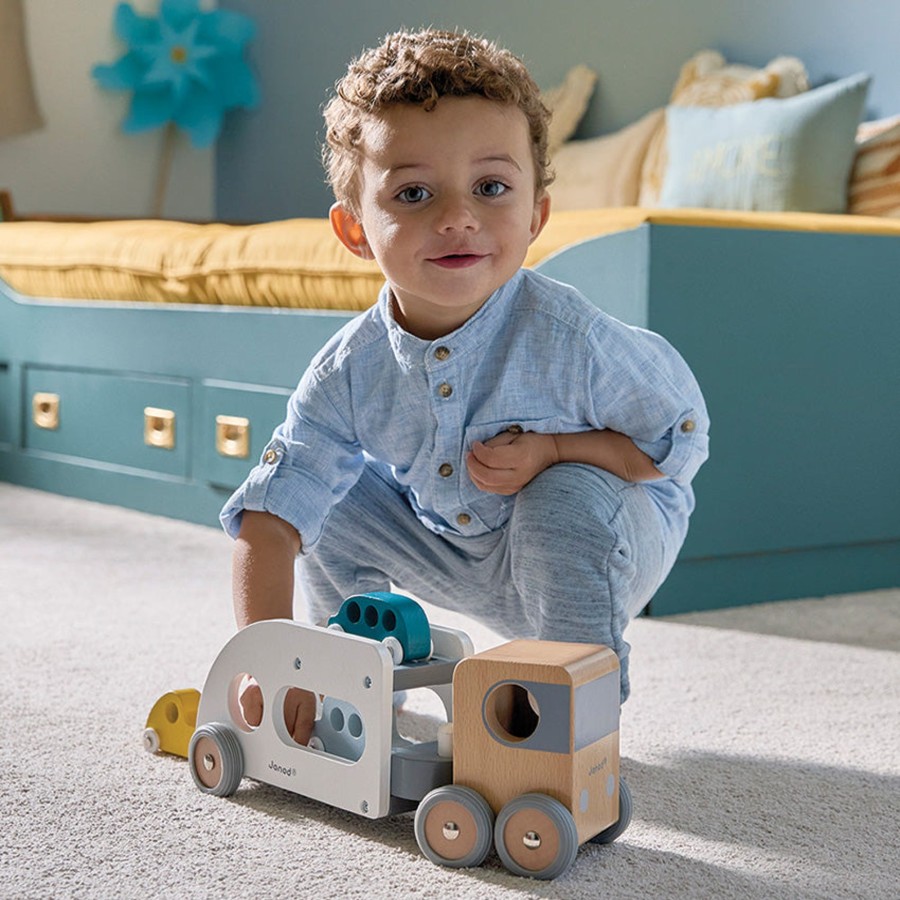 Play + Learn Janod Wooden Toys | Janod - Car Carrier With Vehicles