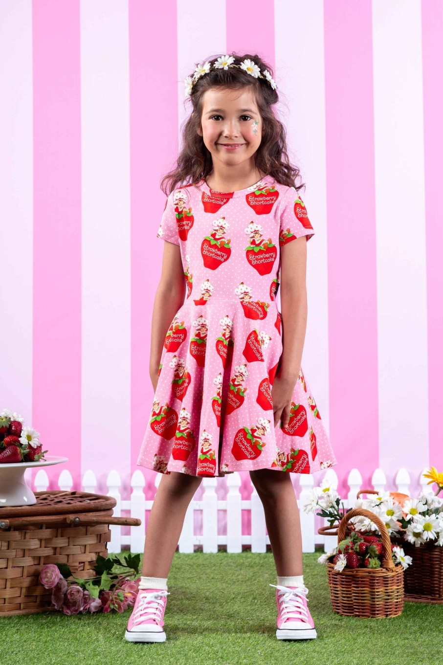 Child [2-14] Rock Your Baby Dresses | Rock Your Baby Short Sleeve Waisted Dress - Strawberry Delight