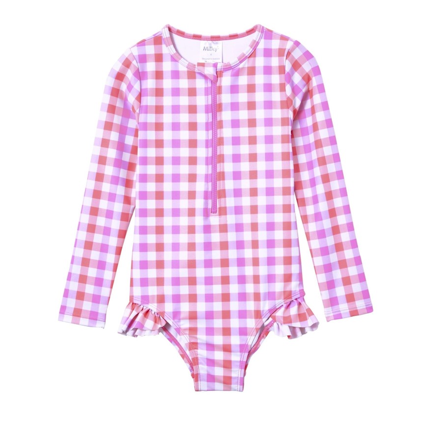 Child [2-14] Milky Swim | Milky Neon Gingham Long Sleeve Swimsuit - Pink/Lilac