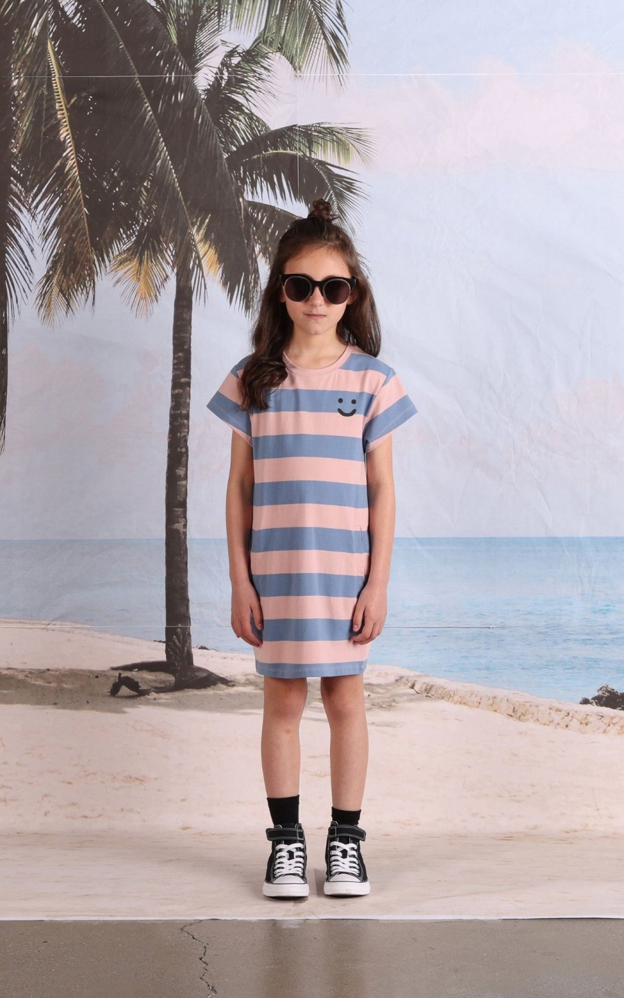 Child [2-14] Minti Dresses | Minti Happy Face Tee Dress - Muted Pink/Muted Blue