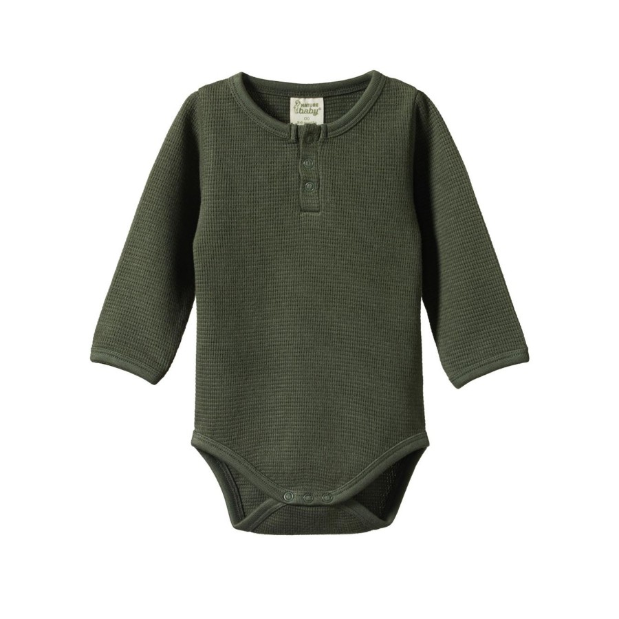 Baby [0-23M] Nature Baby Knitwear | Nature Baby Long Sleeve Henley Waffle Bodysuit - Thyme