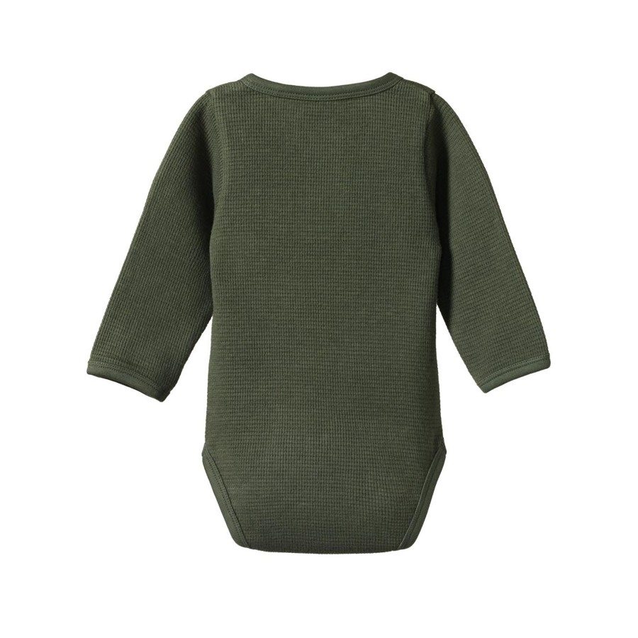 Baby [0-23M] Nature Baby Knitwear | Nature Baby Long Sleeve Henley Waffle Bodysuit - Thyme