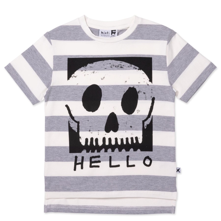 Child [2-14] Minti Tops | Minti Square Skull Tee - White/Grey Marle Stripe