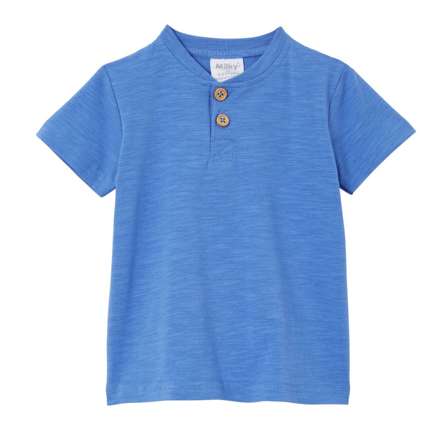 Baby [0-23M] Milky Tops | Milky Blue Henley - Mid Blue Marle