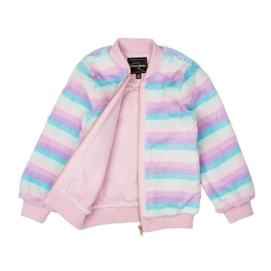 Child [2-14] Rock Your Baby Outerwear | Rock Your Baby Pastel Stripe Faux Fur Jacket