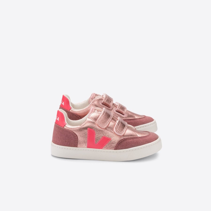 Child [2-14] Veja Footwear | Veja V-12 Velcro Leather - Nacre/Rose Fluo