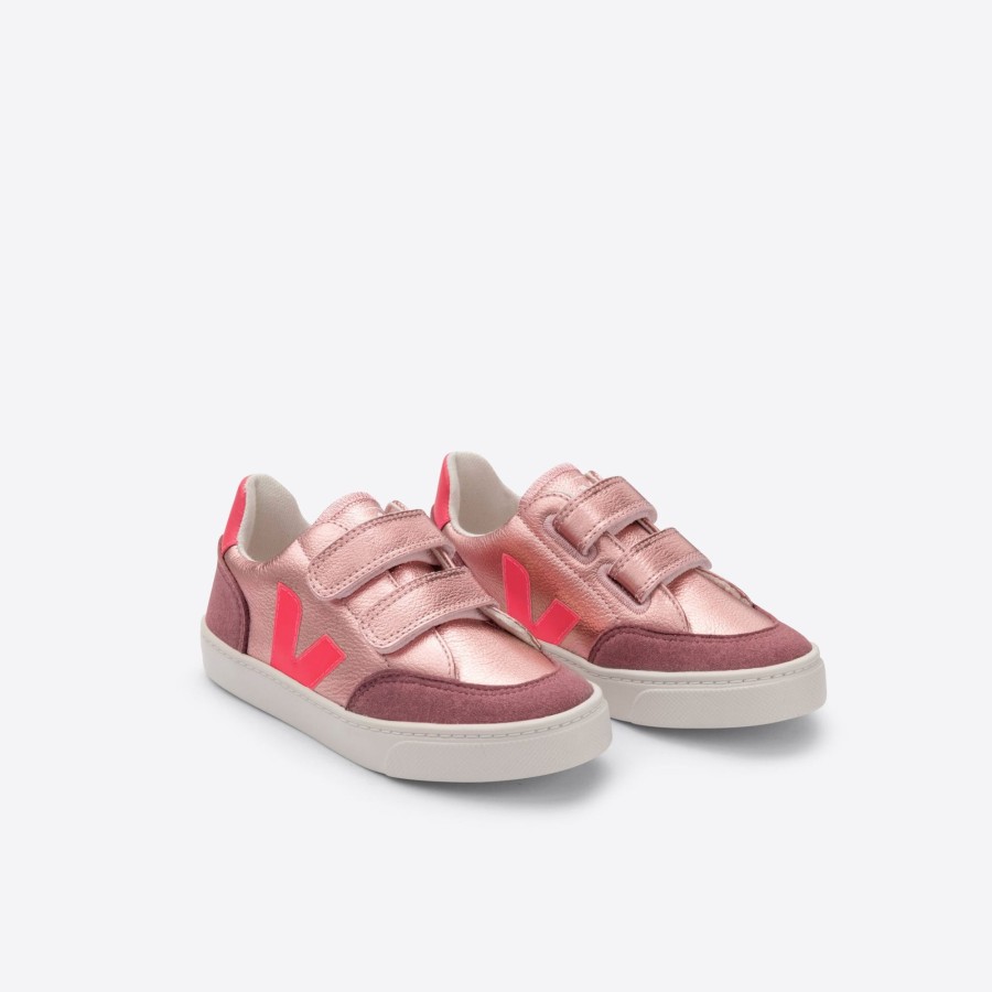 Child [2-14] Veja Footwear | Veja V-12 Velcro Leather - Nacre/Rose Fluo