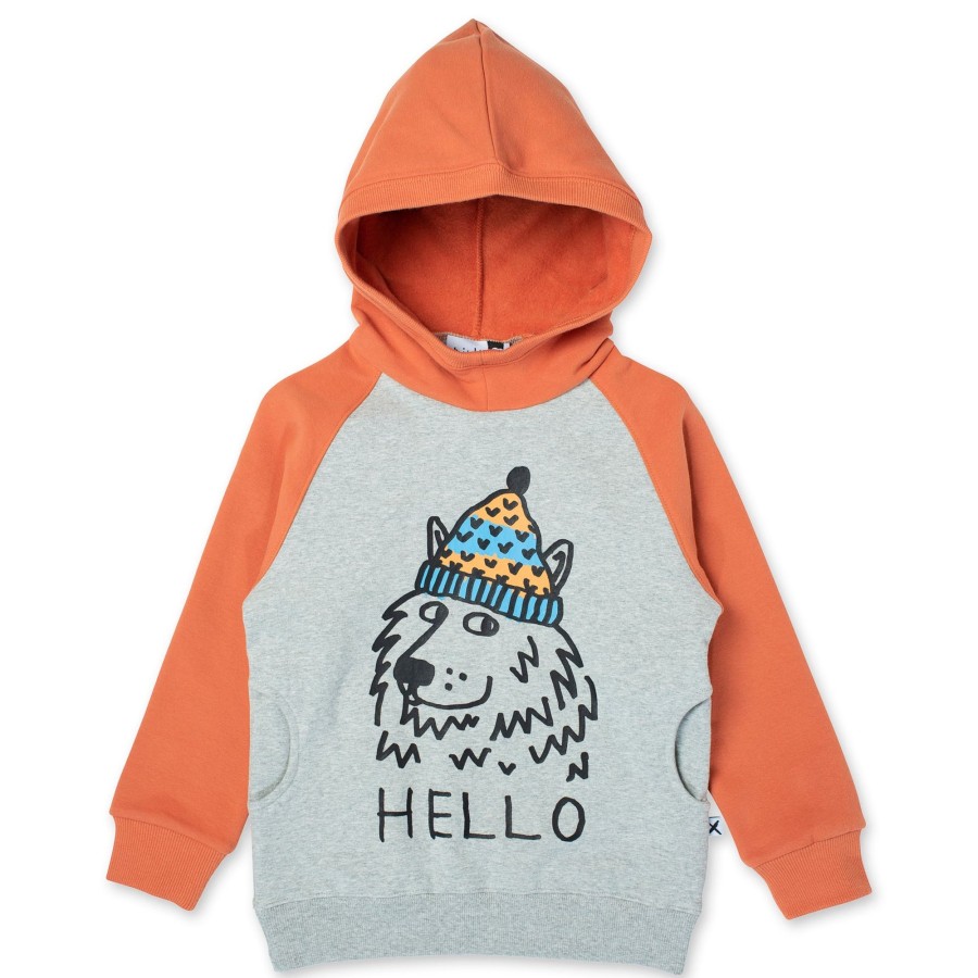 Baby [0-23M] Minti Jumpers | Minti Friendly Wolf Furry Hood - Grey Marle/Burnt Orange