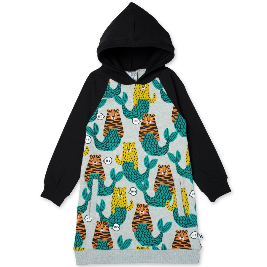 Baby [0-23M] Minti Dresses | Minti Mer-Cats Furry Hoodie Dress - Grey Marle/Black