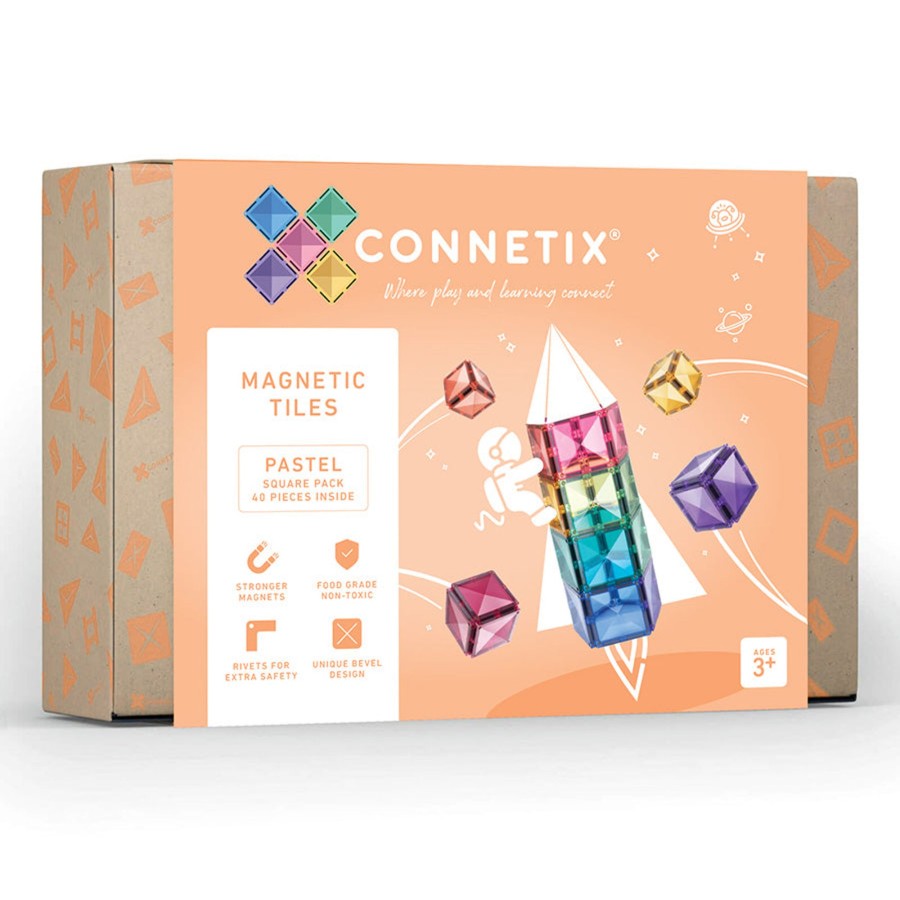 Play + Learn Connetix Construction | Connetix Tiles - 40 Piece Square Set | Pastel