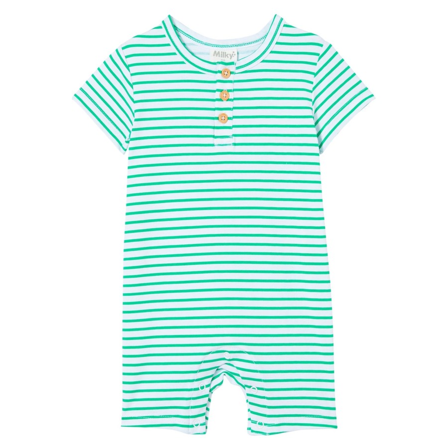 Baby [0-23M] Milky All In One | Milky Green Stripe Henley Romper - Green Mini Stripe