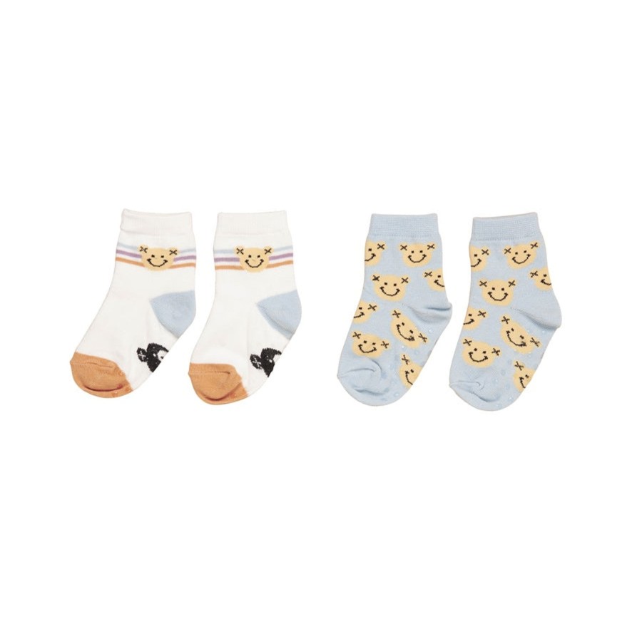 Baby [0-23M] Huxbaby Socks + Tights | Huxbaby Smile Bear 2Pk Socks - White + Dusty Sky