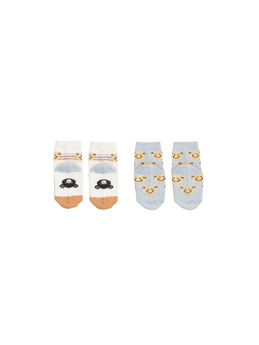 Baby [0-23M] Huxbaby Socks + Tights | Huxbaby Smile Bear 2Pk Socks - White + Dusty Sky