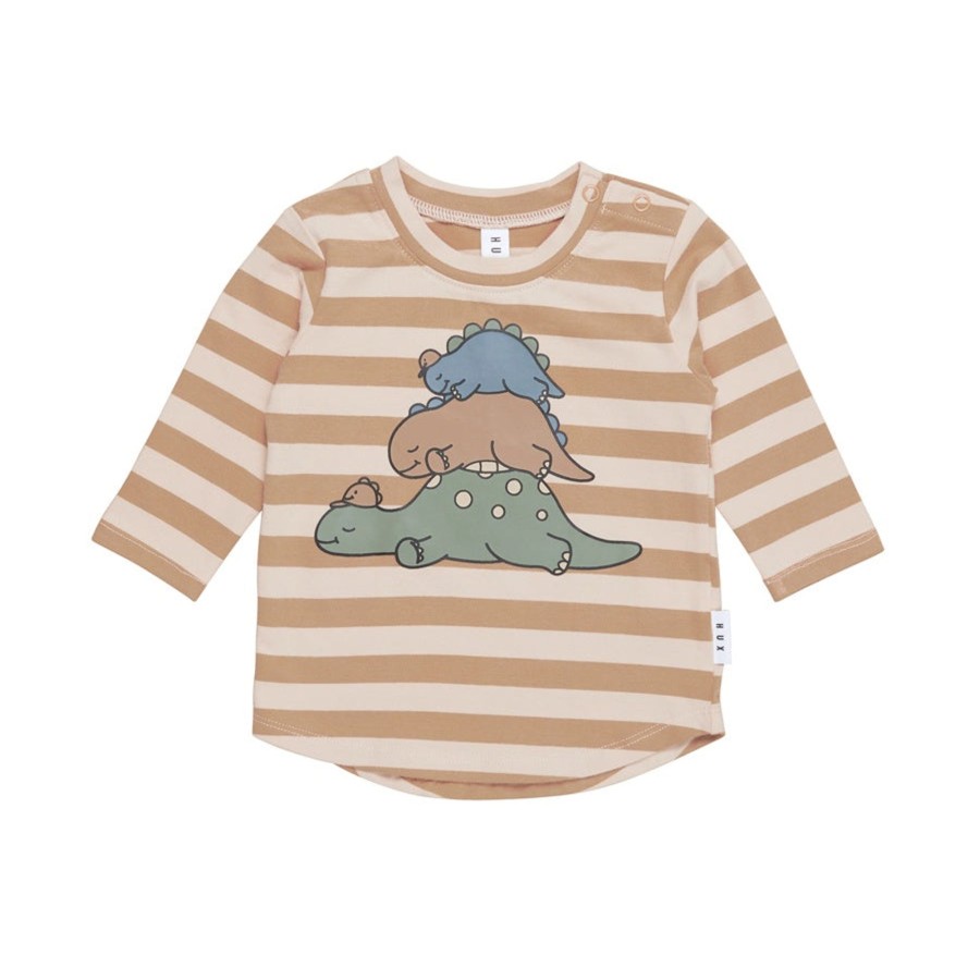 Baby [0-23M] Huxbaby Tops | Huxbaby Sleeping Dinos Stripe Top - Biscuit + Wheat