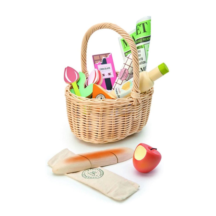 Play + Learn Tenderleaf Wooden Toys | Wicker Shopping Basket Set