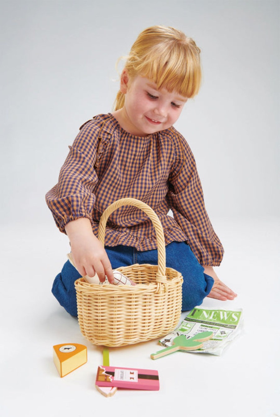 Play + Learn Tenderleaf Wooden Toys | Wicker Shopping Basket Set