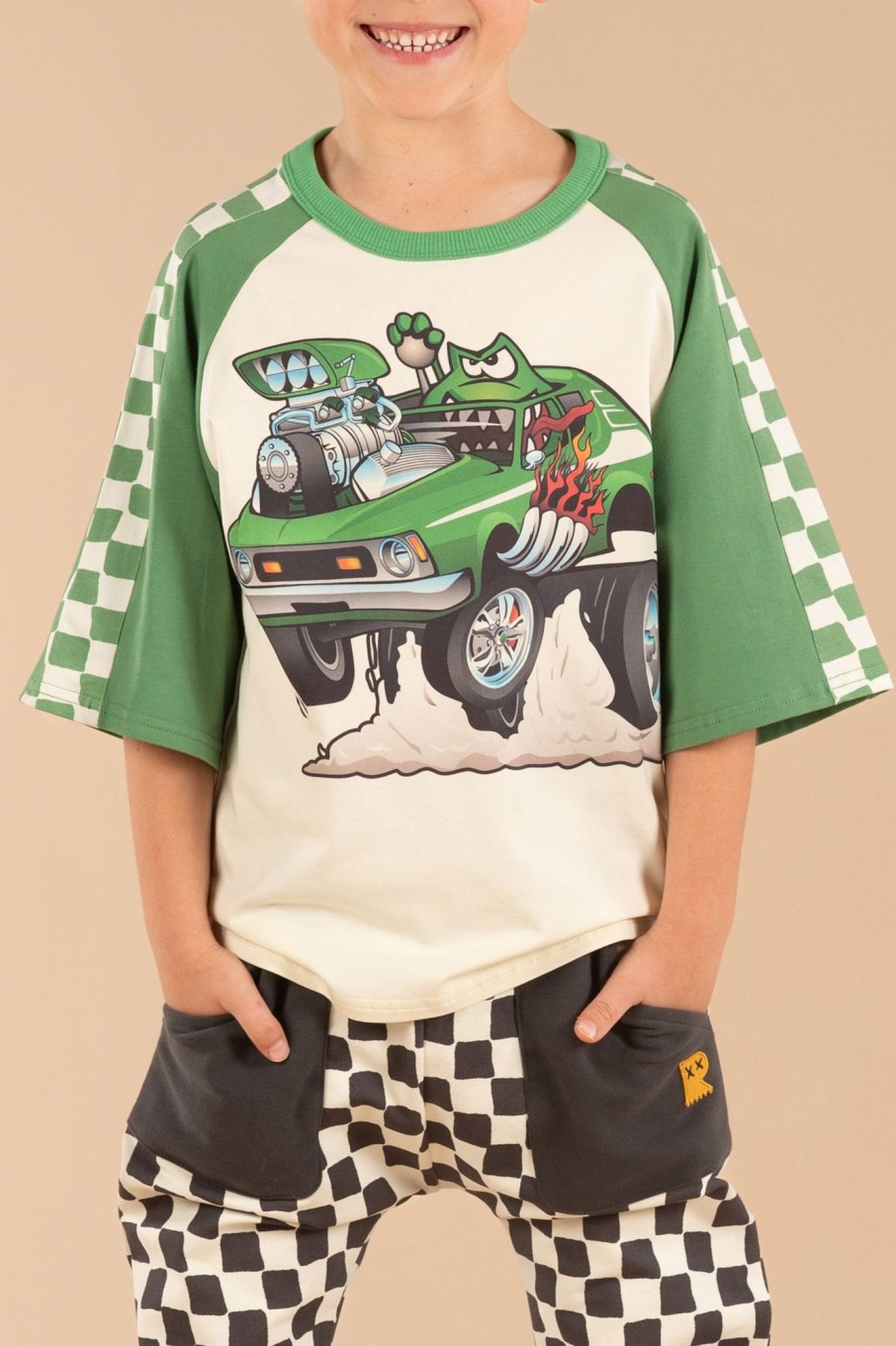 Child [2-14] Rock Your Baby Tops | Rock Your Baby Green Machine 3/4 Sleeve T-Shirt