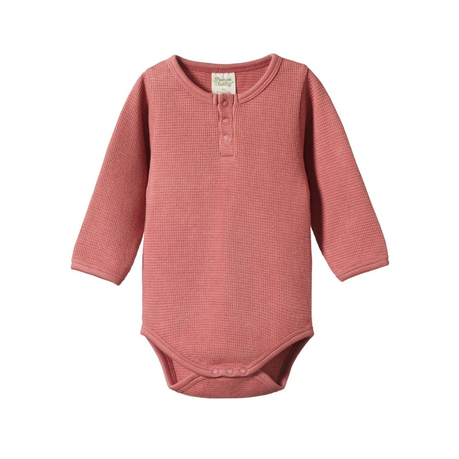 Baby [0-23M] Nature Baby Knitwear | Nature Baby Long Sleeve Henley Waffle Bodysuit - Rose Clay