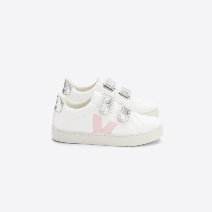 Child [2-14] Veja Footwear | Veja Esplar Velcro Leather - Extra White/Petale/Silver