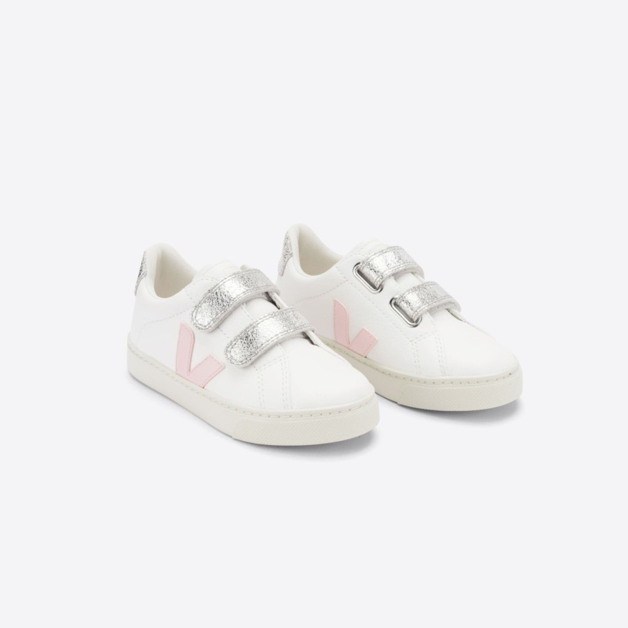 Child [2-14] Veja Footwear | Veja Esplar Velcro Leather - Extra White/Petale/Silver