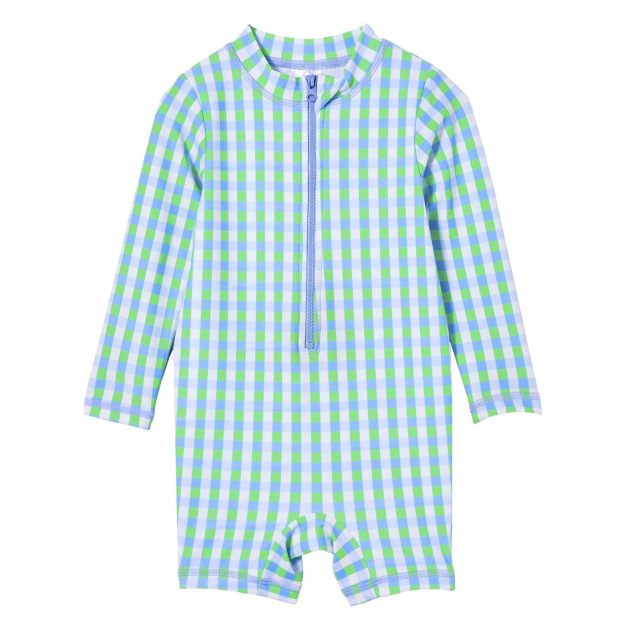 Baby [0-23M] Milky Swim | Milky Blue Gingham Long Sleeve Swimsuit - Ice Blue