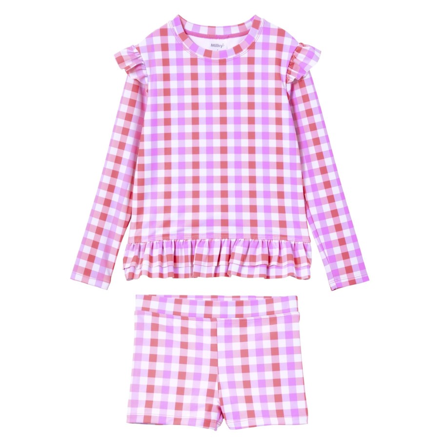 Child [2-14] Milky Swim | Milky Neon Gingham Rashie Set - Pink/Lilac