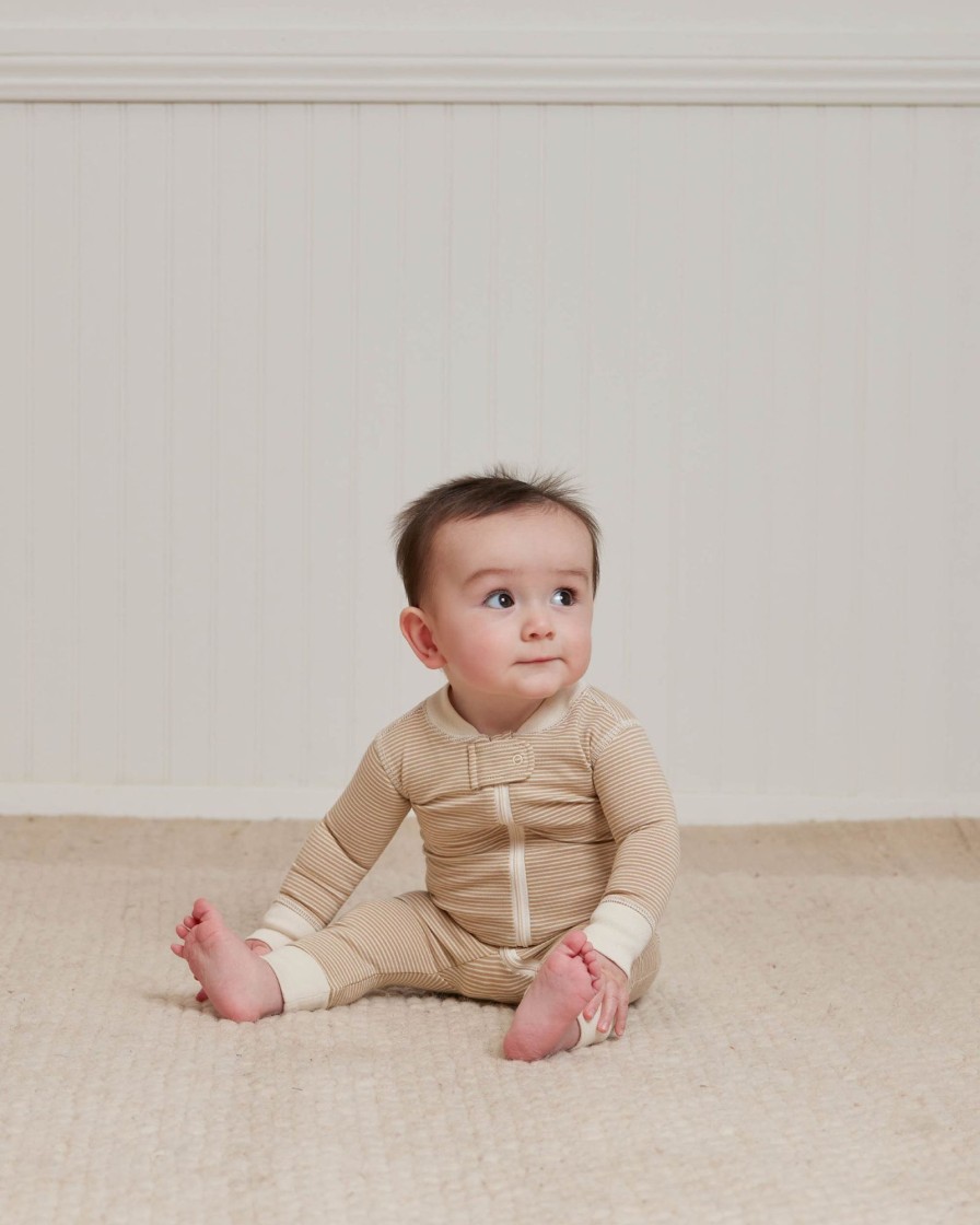 Baby [0-23M] Quincy Mae All In One | Quincy Mae Zip Longsleeve Sleeper - Latte Micro Stripe