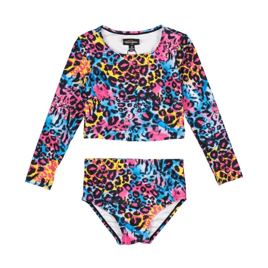 Child [2-14] Rock Your Baby Swim | Rock Your Baby Blue Miami Leopard Long Sleeve Rashie Set With Lining