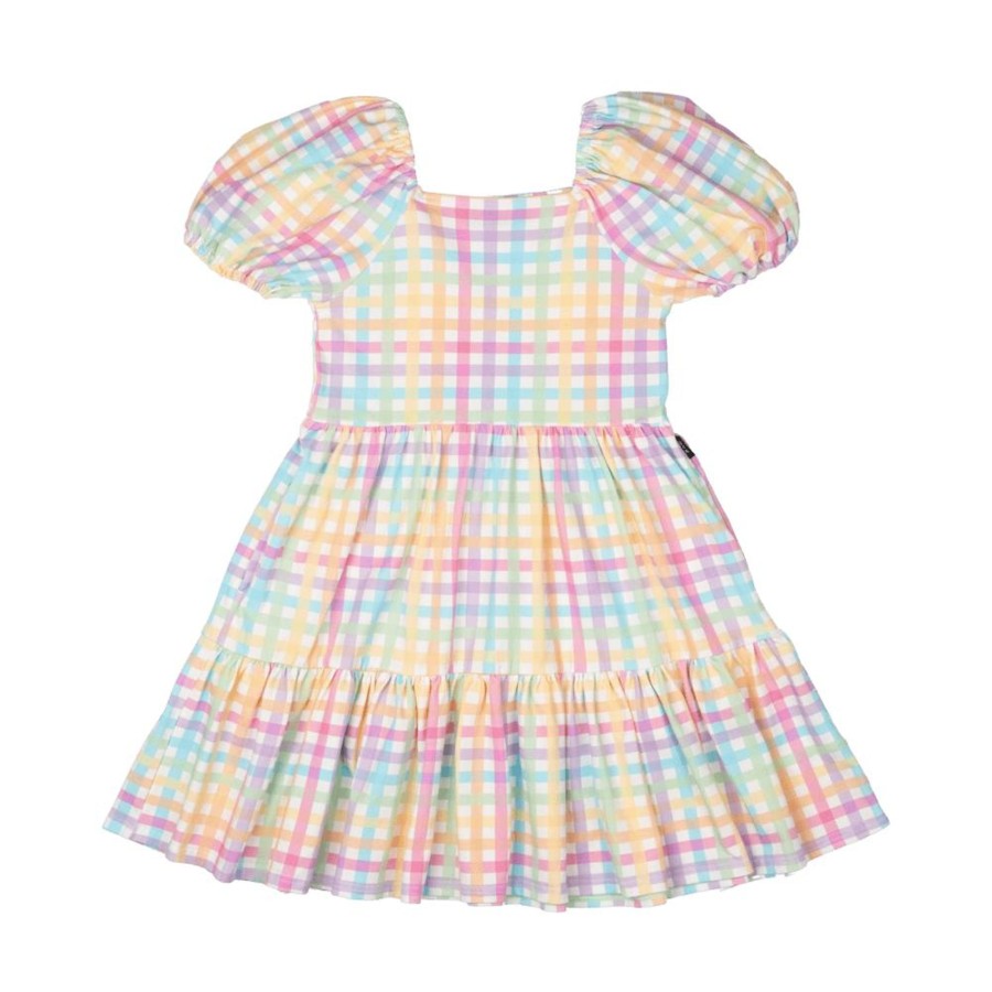 Child [2-14] Rock Your Baby Dresses | Rock Your Baby Puff Sleeve Dress - Rainbow Plaid