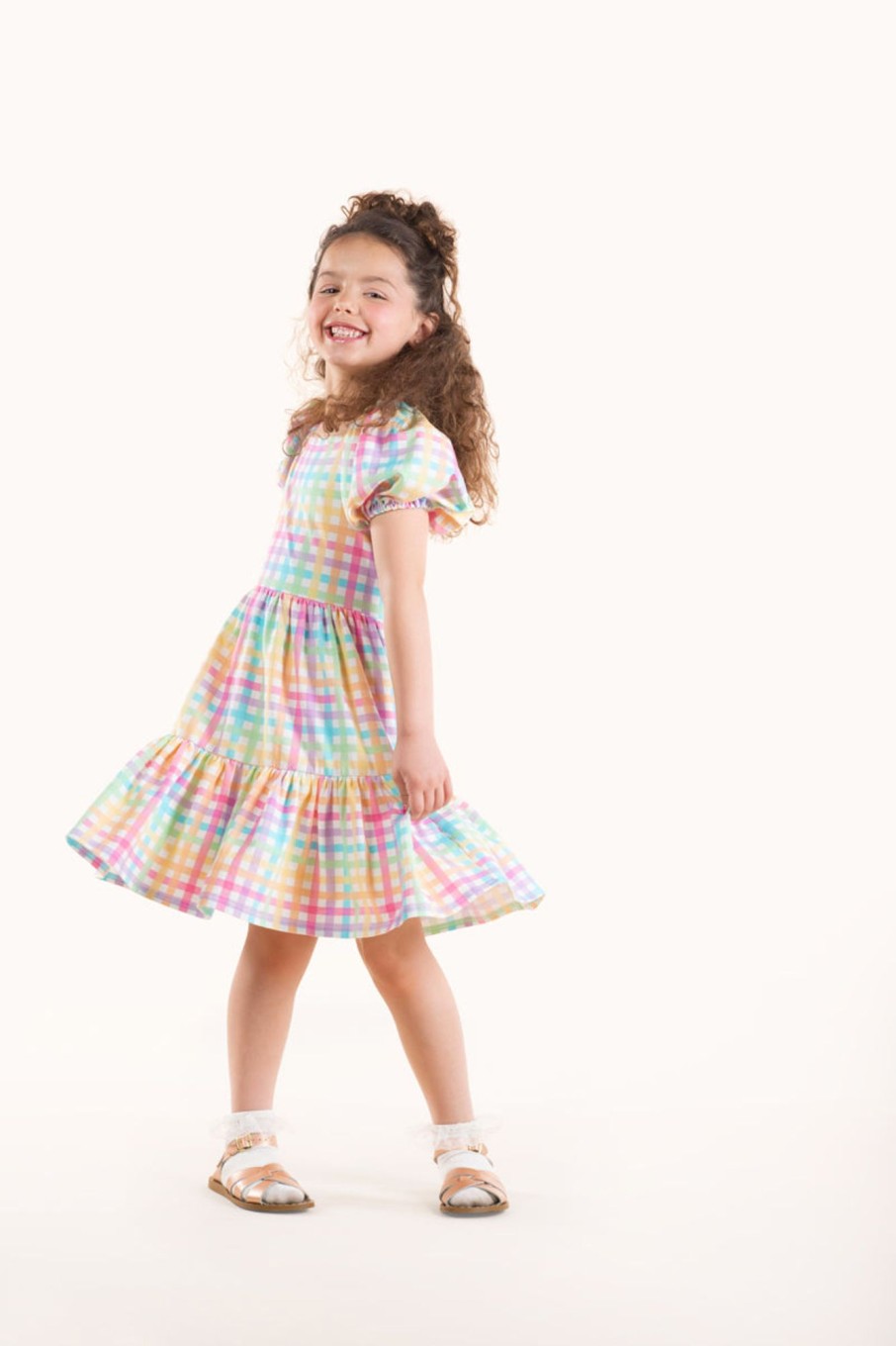 Child [2-14] Rock Your Baby Dresses | Rock Your Baby Puff Sleeve Dress - Rainbow Plaid