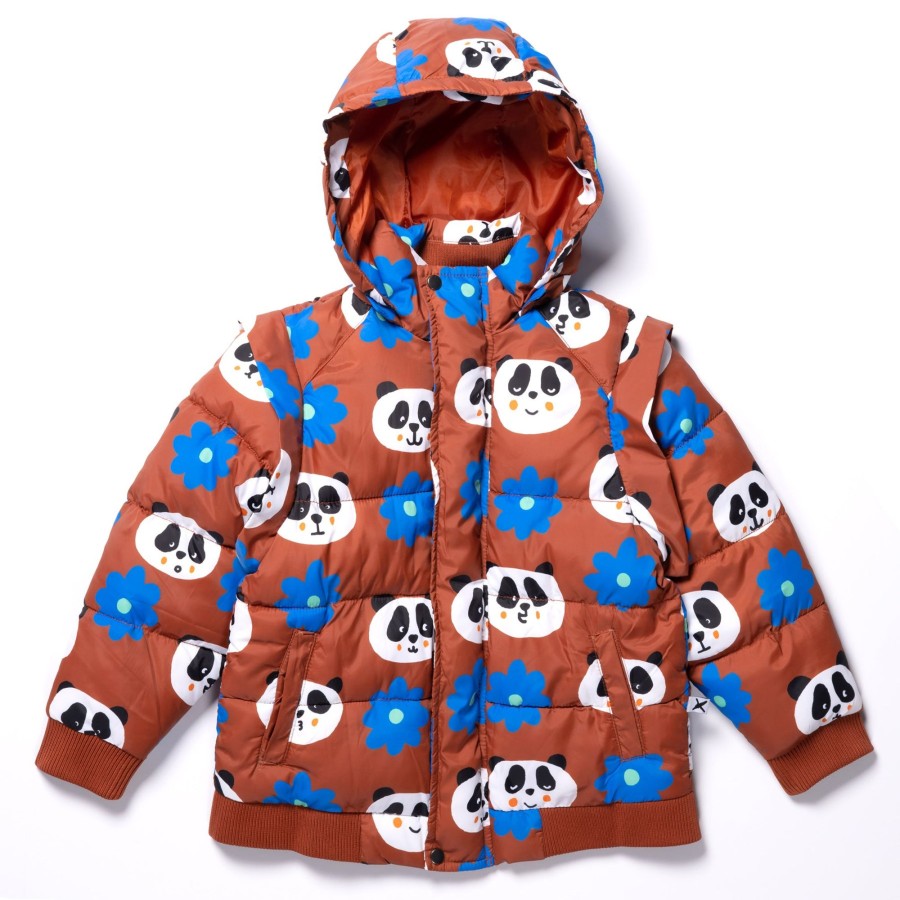 Child [2-14] Minti Outerwear | Minti Flowers And Pandas Puffa Jacket - Warm Orange