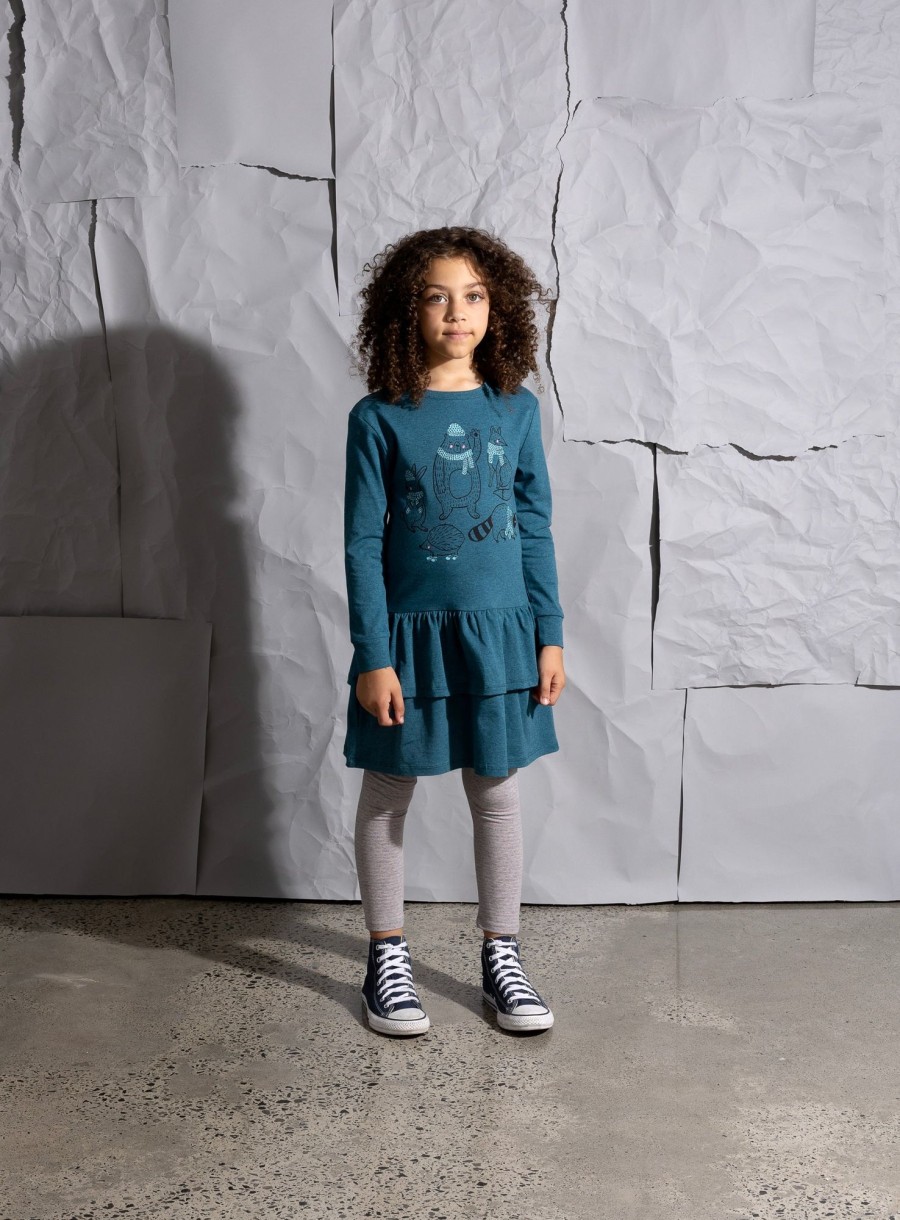 Baby [0-23M] Minti Dresses | Minti Warm Forest Friends Dress - Teal Marle