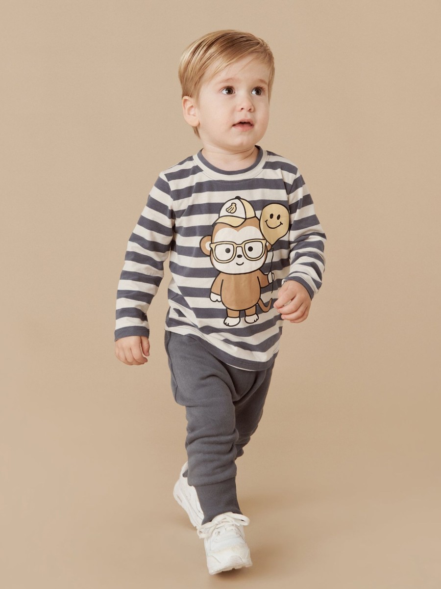 Baby [0-23M] Huxbaby Tops | Huxbaby Monkey Stripe Top - Ink + Almond