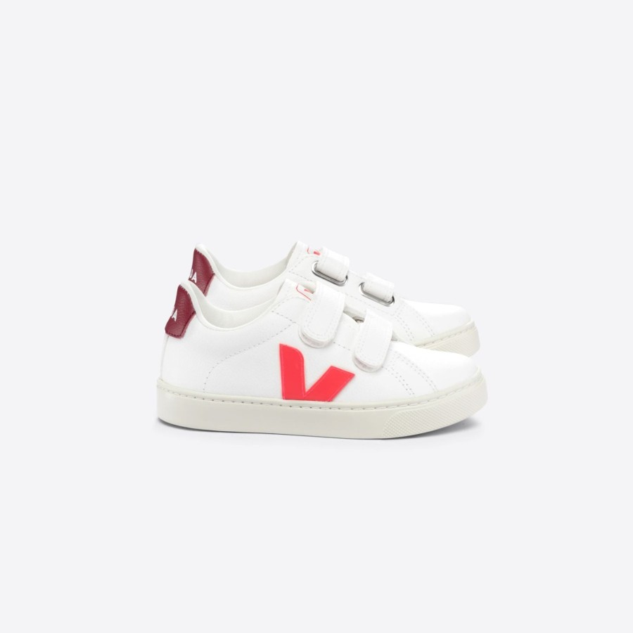 Child [2-14] Veja Footwear | Veja Esplar Velcro Leather - Extra White/Rose Fluo/Marsala