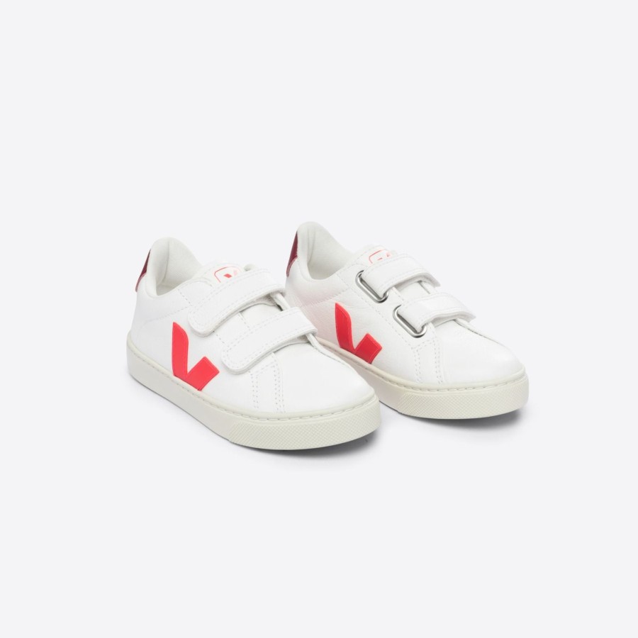 Child [2-14] Veja Footwear | Veja Esplar Velcro Leather - Extra White/Rose Fluo/Marsala