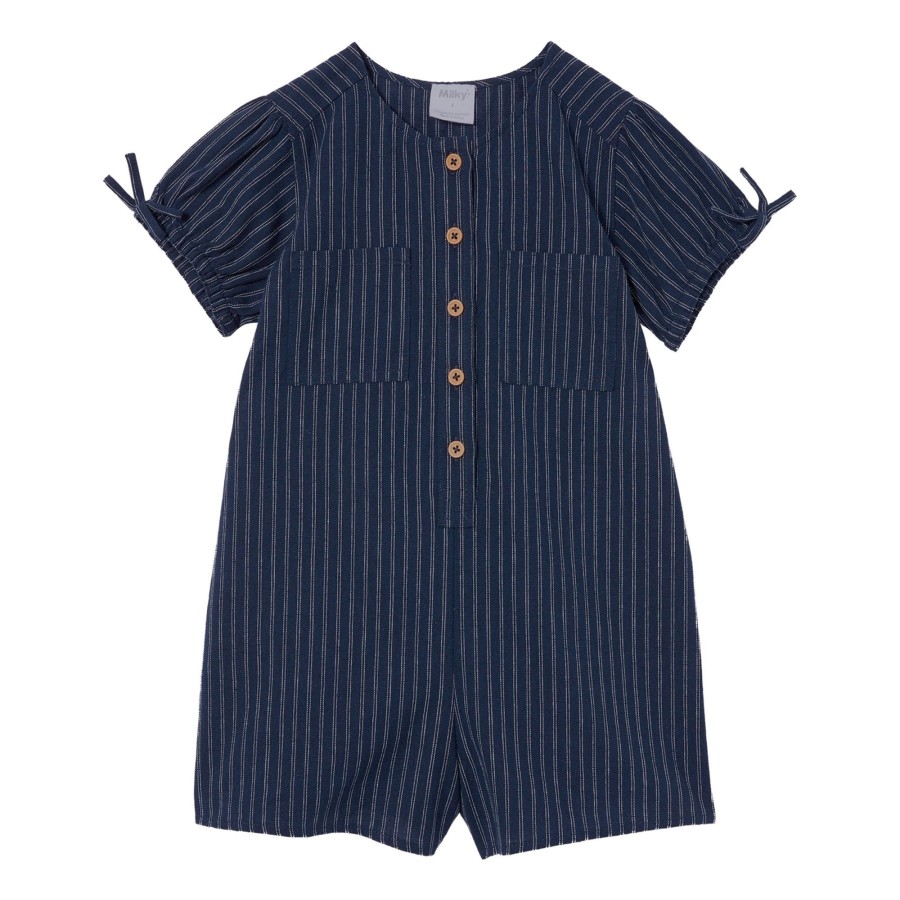 Child [2-14] Milky Overalls + Playsuits | Milky Navy Stripe Linen Playsuit