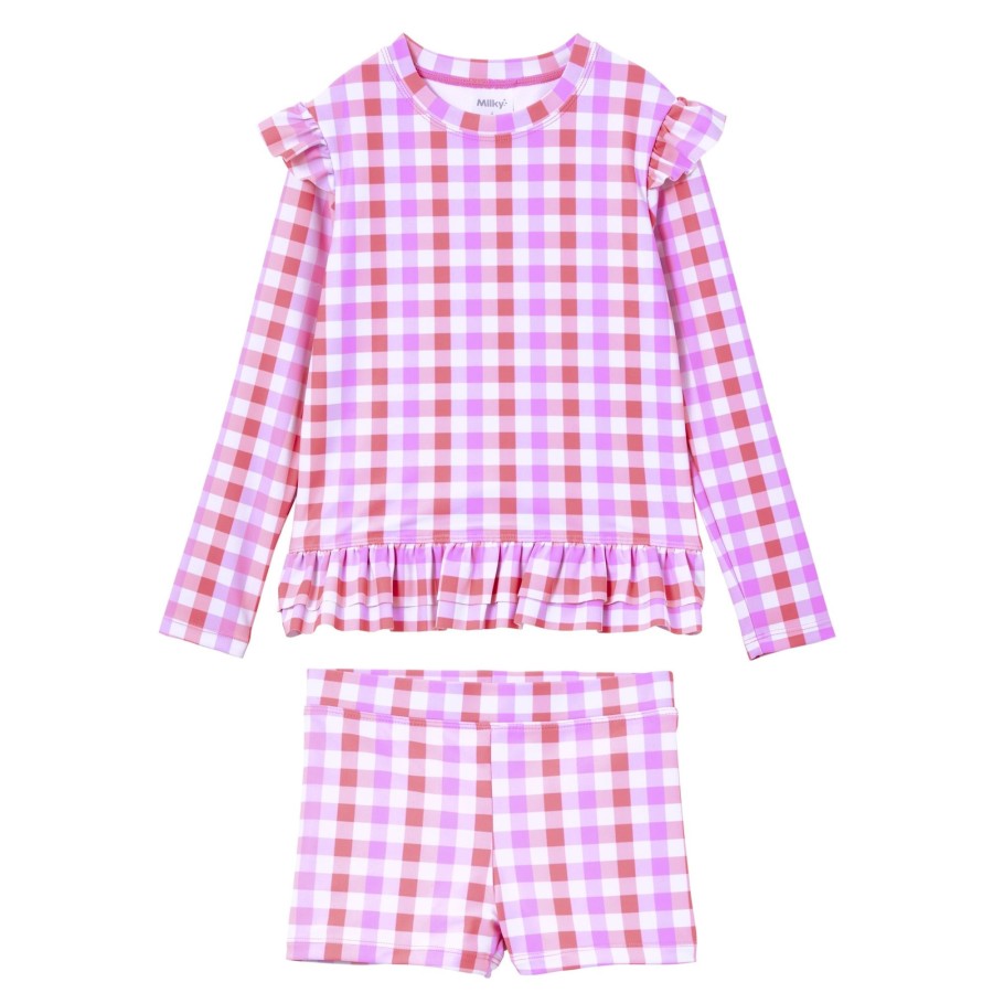 Baby [0-23M] Milky Swim | Milky Neon Gingham Rashie Set - Pink/Lilac