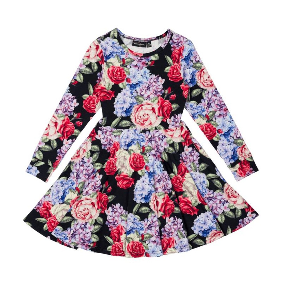 Child [2-14] Rock Your Baby Dresses | Rock Your Baby Midnight Florals Long Sleeve Waisted Dress